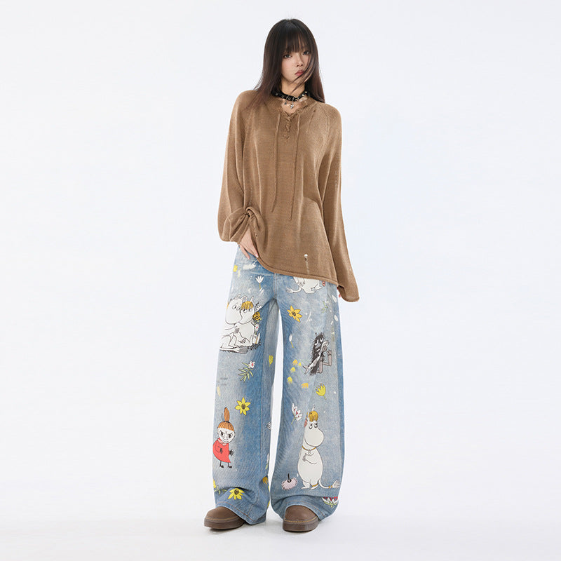 Women's Cartoon Wide-Leg Jeans Unique Design Loose Straight Pants