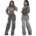 Fashionable Sexy High-Elastic Multi-Pocket Washed Denim Casual Two-Piece Set for Women