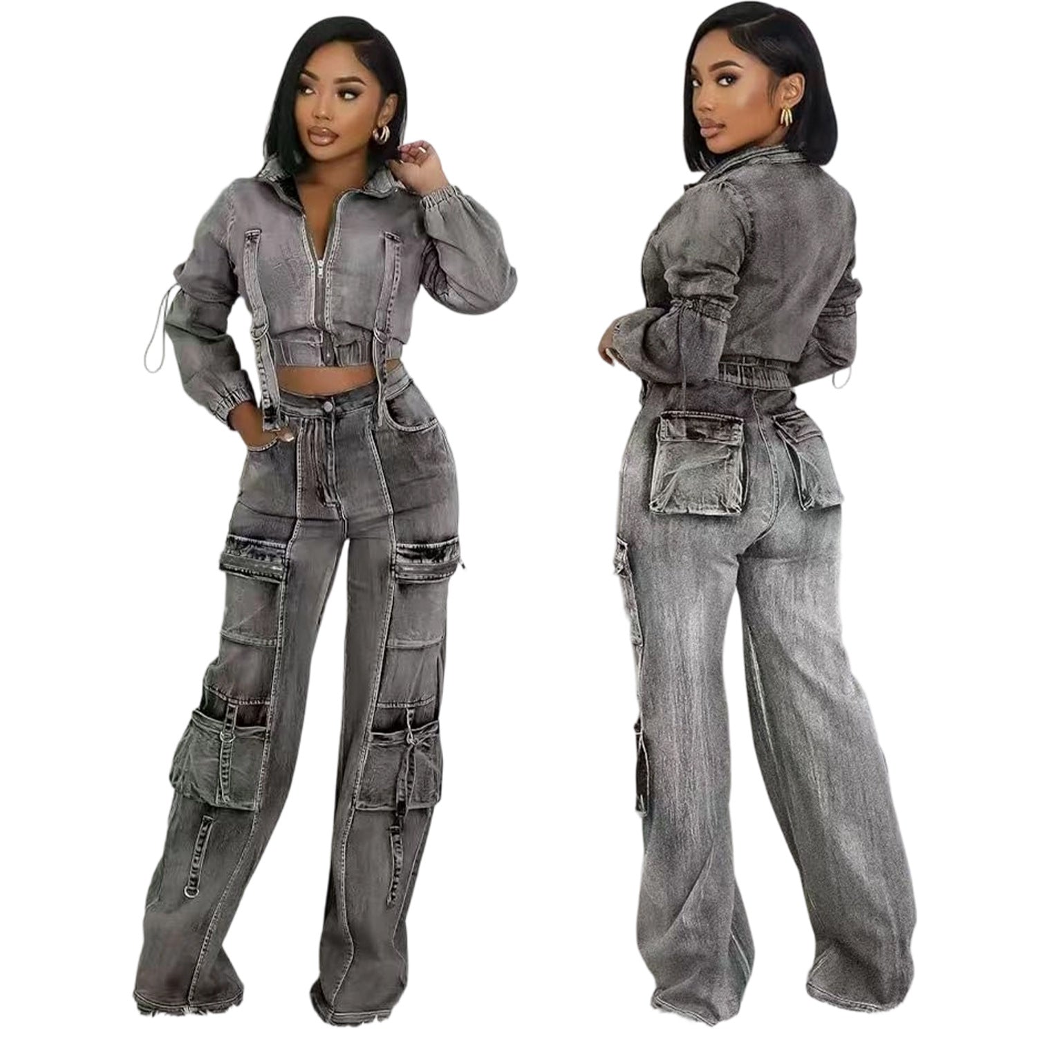 Fashionable Sexy High-Elastic Multi-Pocket Washed Denim Casual Two-Piece Set for Women