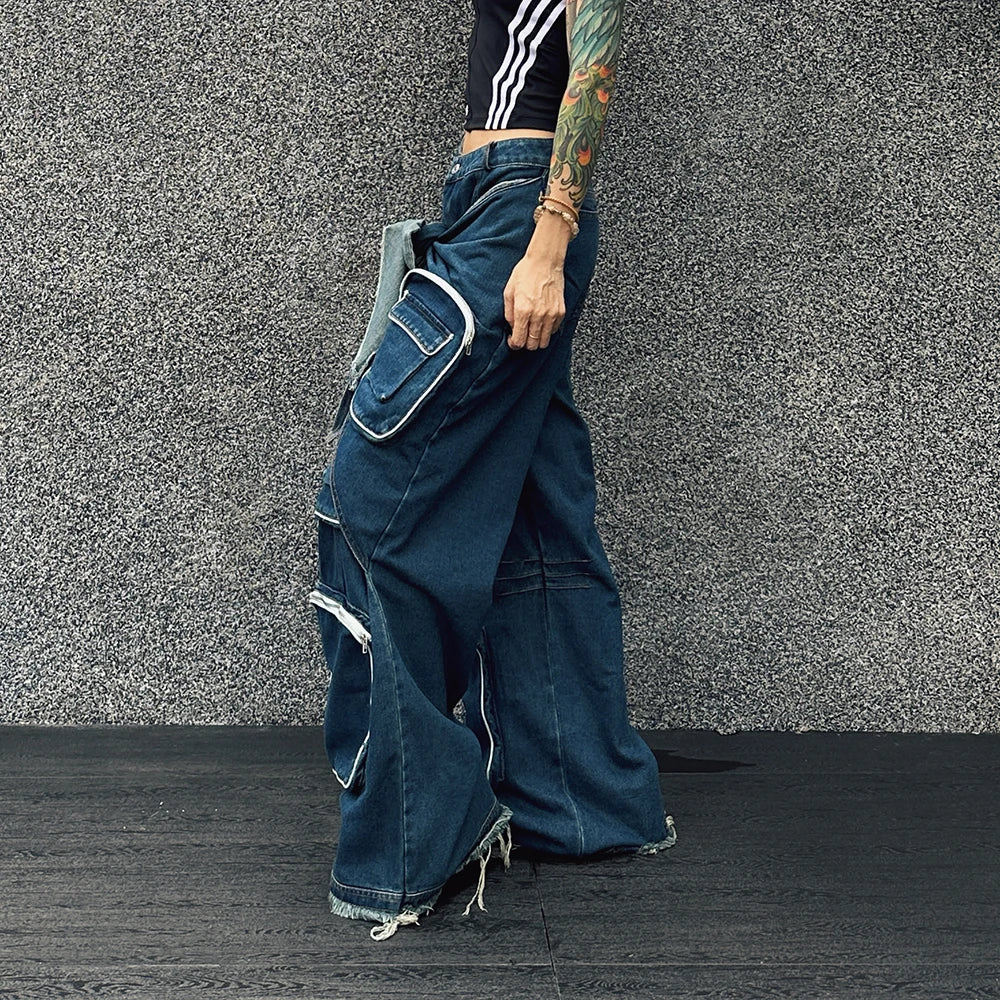 Structural binding workwear jeans for women loose fitting multi pocket jeans