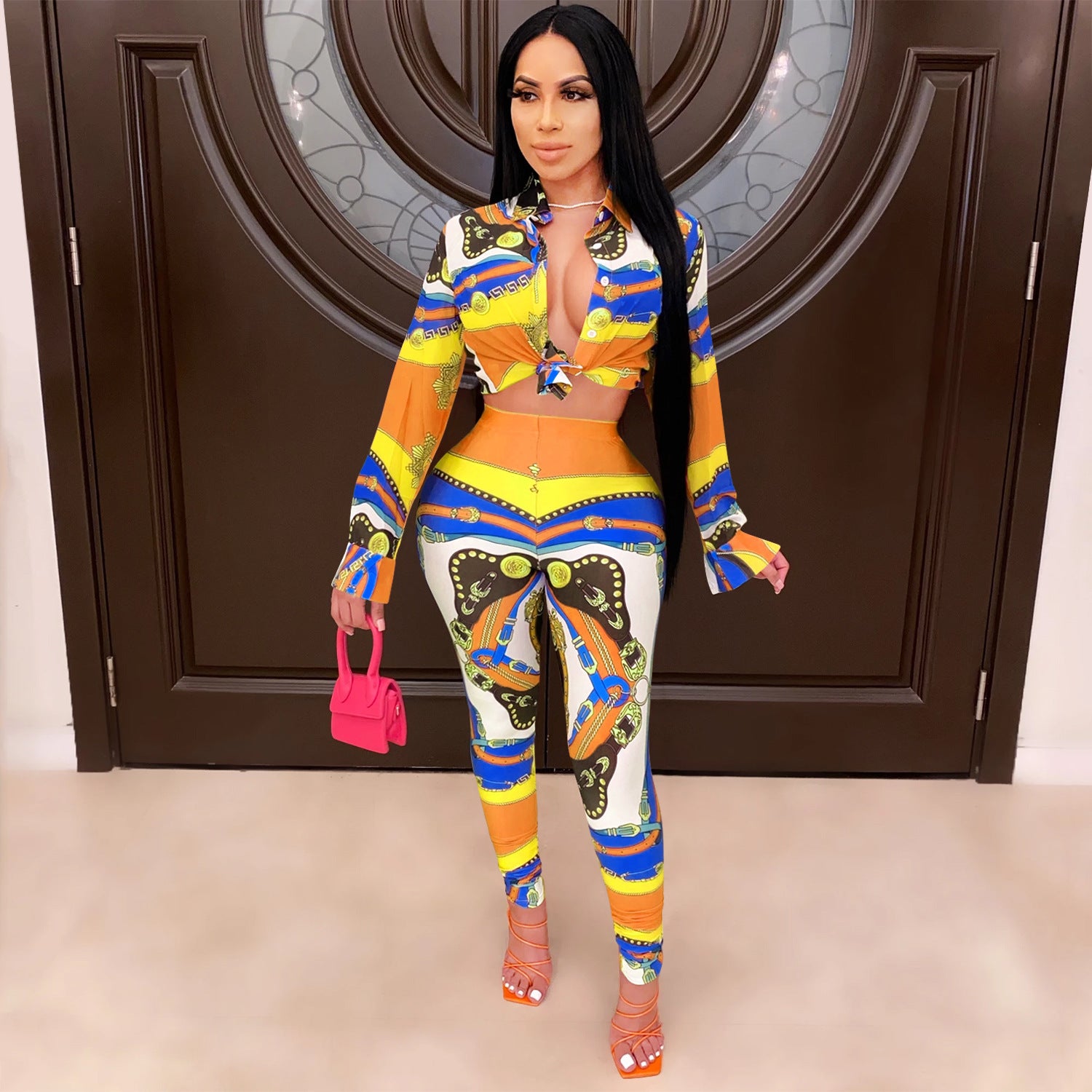 Digital Print Fitted Business Casual Long Sleeve Women's Set