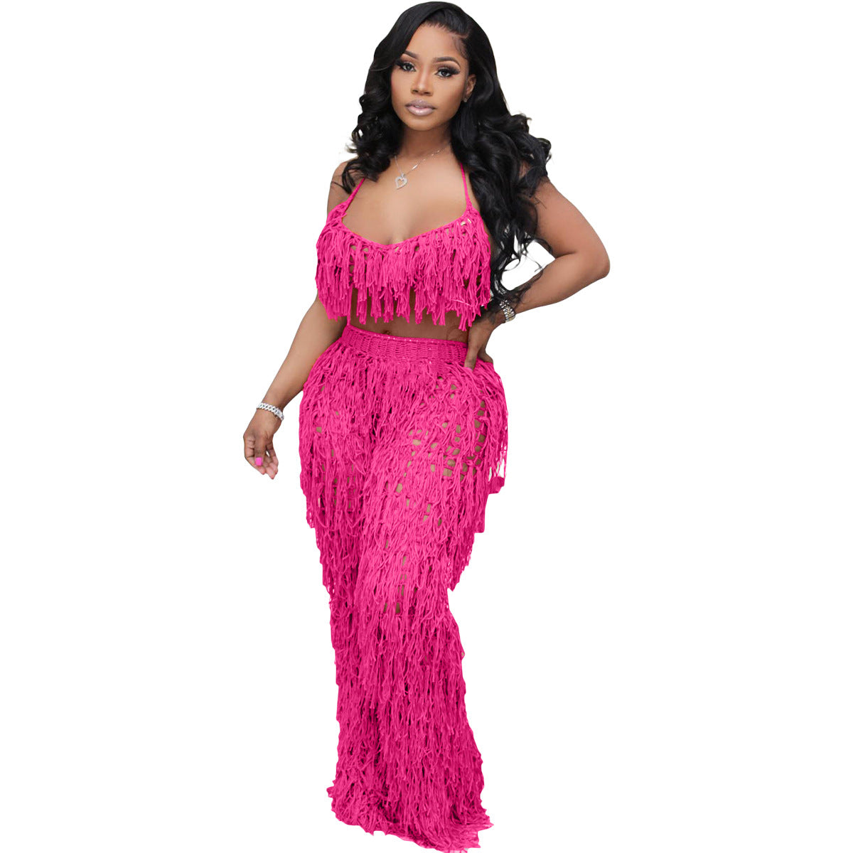 Urban Style Sexy Sheer Knit Hand-Knit Tassel Beach Set
