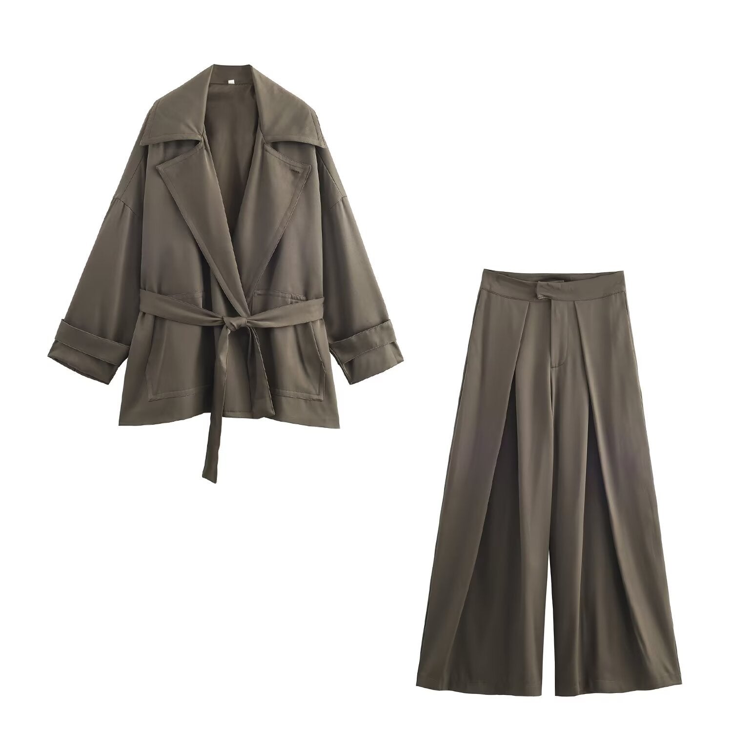 Straight waist belt flowing windbreaker jacket+mid waist pleated pants