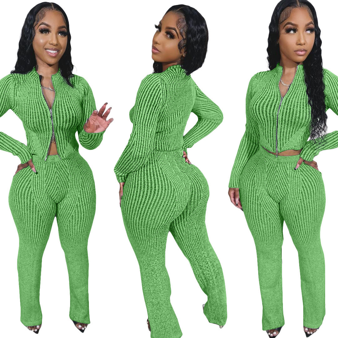 Fashionable Casual Women's Knit Sweater with Two-Way Zipper Urban  Autumn/Winter Outfit Set