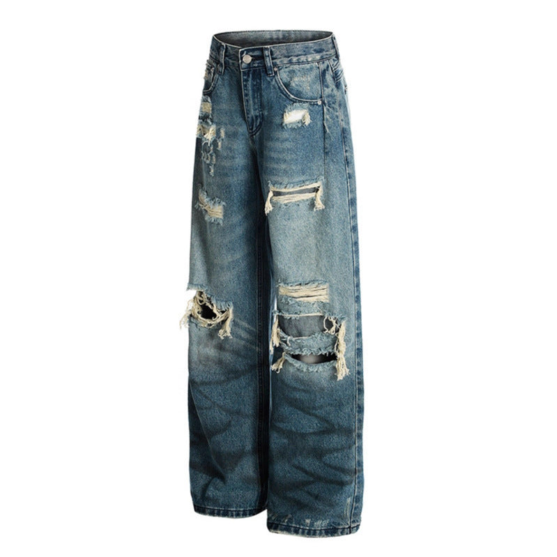 Washed blue ripped jeans for women