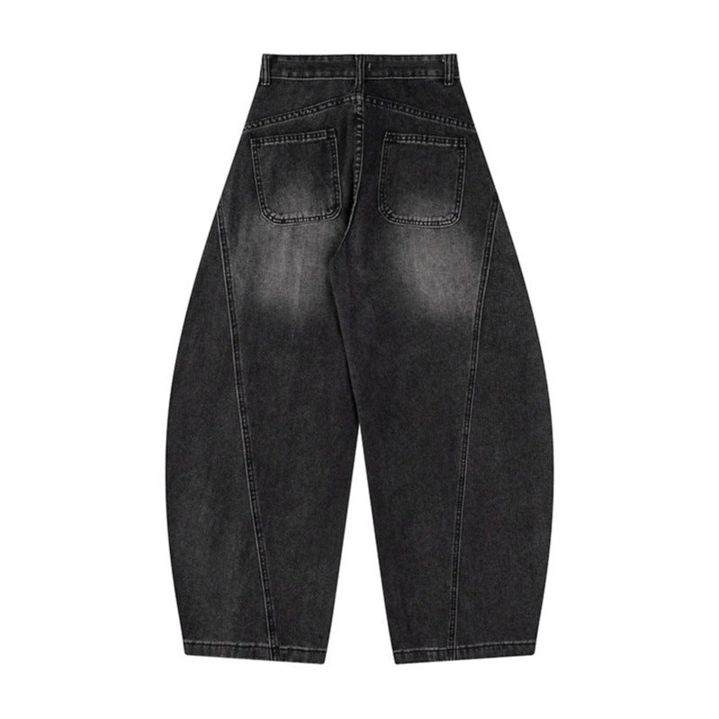 Deconstructing colored button bending knife denim jeans washed with water