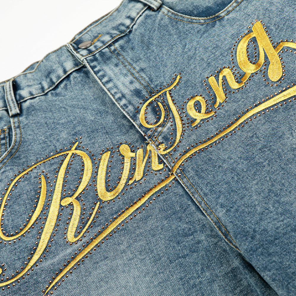 Hot stamping letter embroidery curved knife jeans
