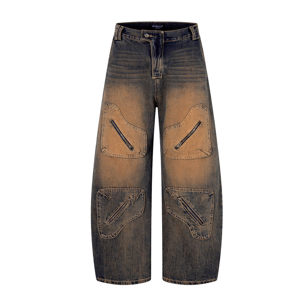 Rust washed denim jeans workwear wide leg pants