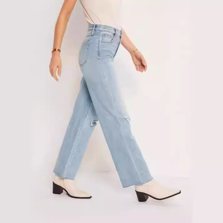 High waisted straight leg ripped loose cropped jeans