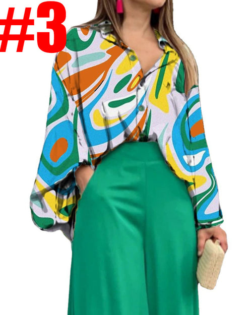 Beauty Dress New Printed Casual Suit Loose Large Size Lapel Shirt High Waist Wide Leg Pants Two Piece Set