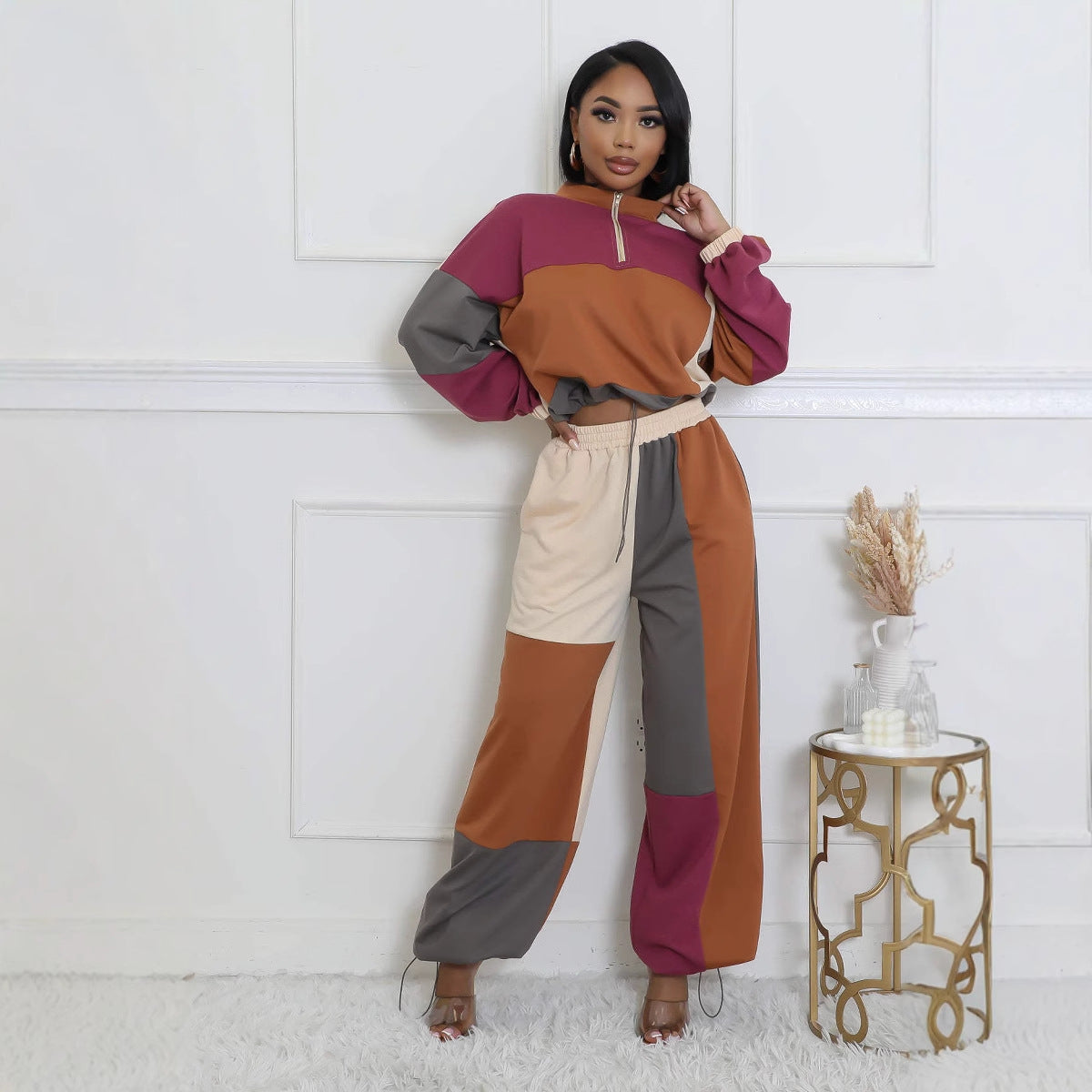 Sporty Woven Two-Piece Set with Zipper and Drawstring Design, Color-Blocked Printed Outfit