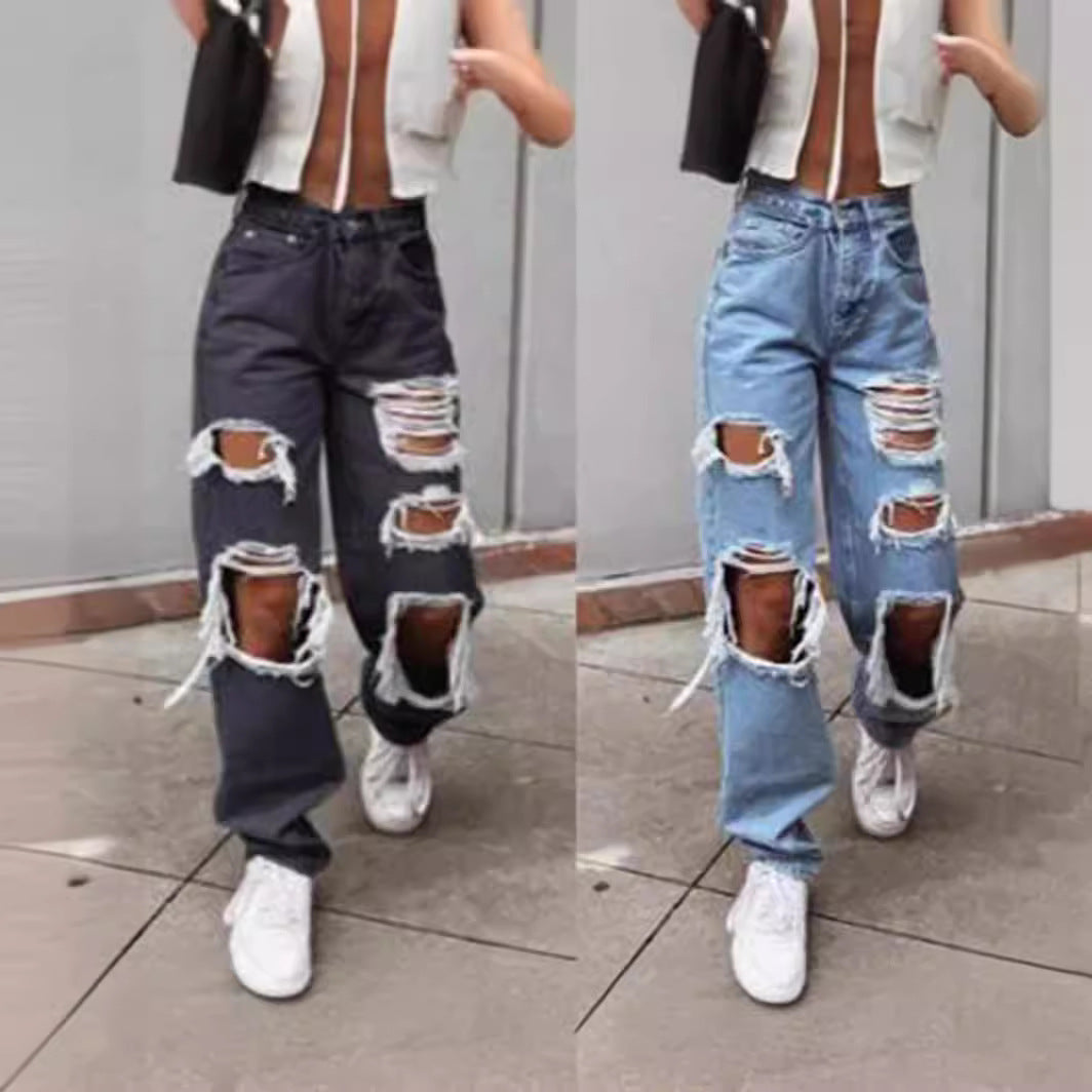Thin jeans with wide legs and holes for women