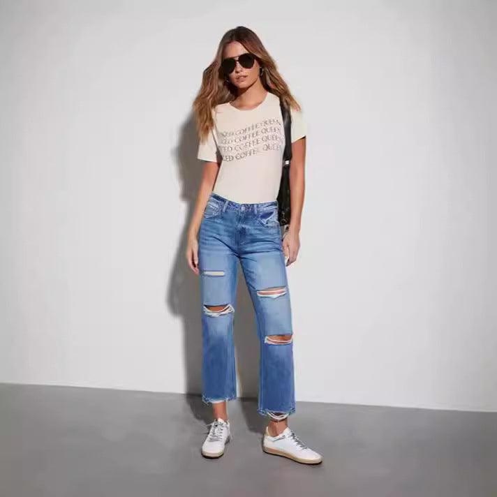 Ripped straight leg slim fit cropped jeans