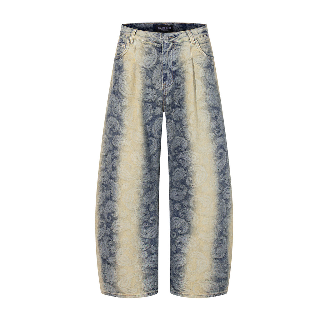Jacquard gradient washed denim jeans with curved edges and wide legs