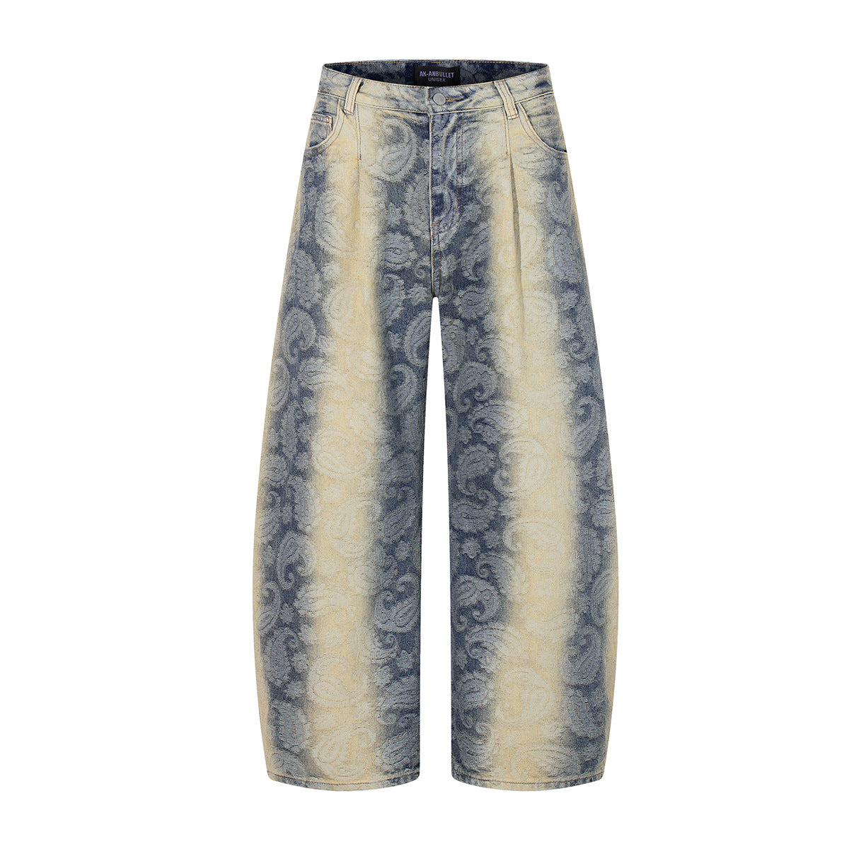 Jacquard gradient washed denim jeans with curved edges and wide legs