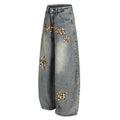 Leopard print letter curved knife jeans