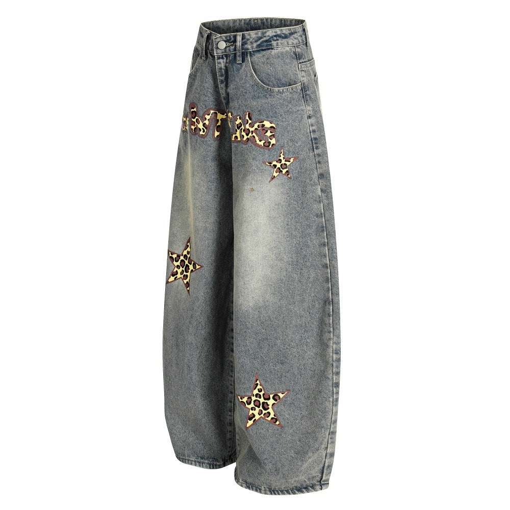 Leopard print letter curved knife jeans