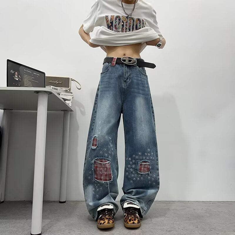 Vintage distressed patch embroidered jeans
