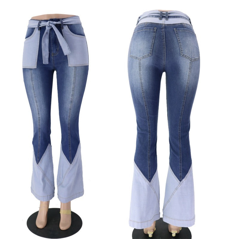 Patchwork Flare Jeans for Women Stretch Vintage Casual Fashion Slim High Waist Streetwear Women Jeans