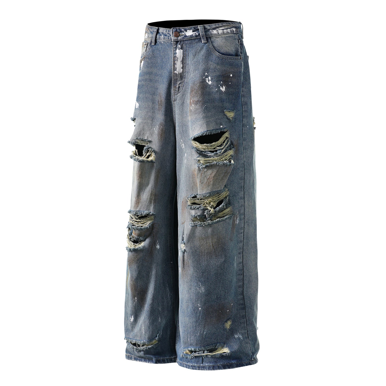 Mud stained denim jeans with holes