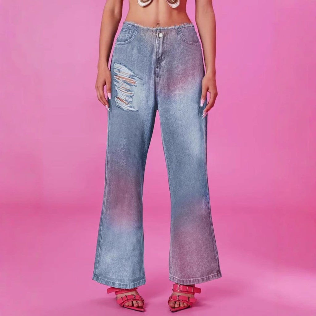 Tie dye ripped straight leg micro flared pants casual jeans