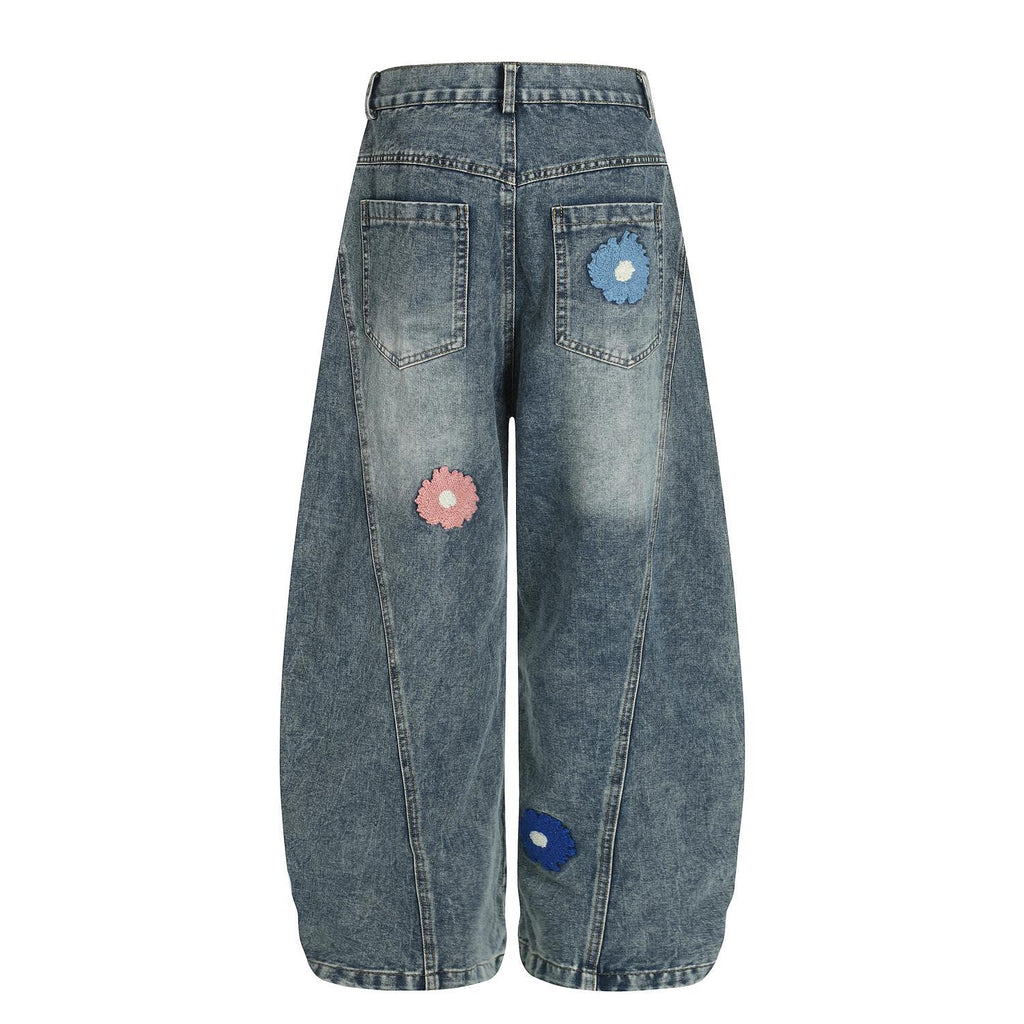Flower embroidery washed curved knife workwear jeans