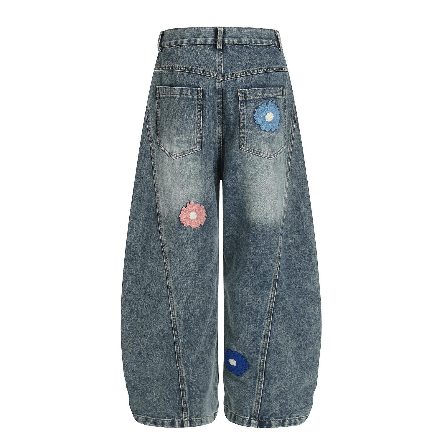 Flower embroidery washed curved knife workwear jeans