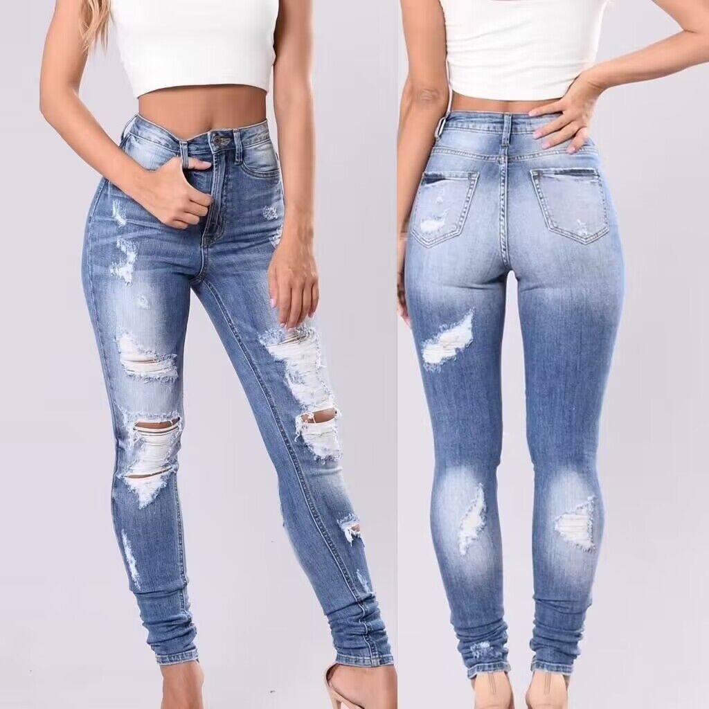High waisted elastic ripped slim fit jeans for women
