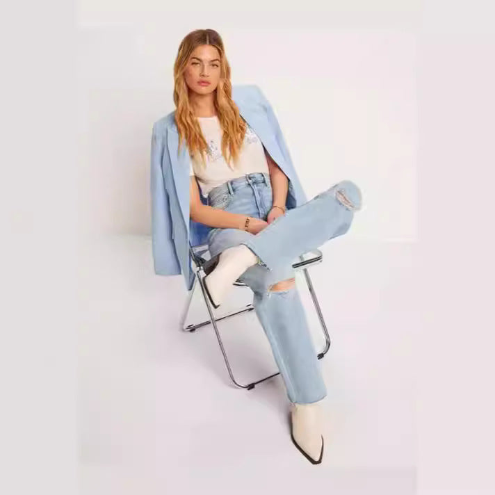 High waisted straight leg ripped loose cropped jeans
