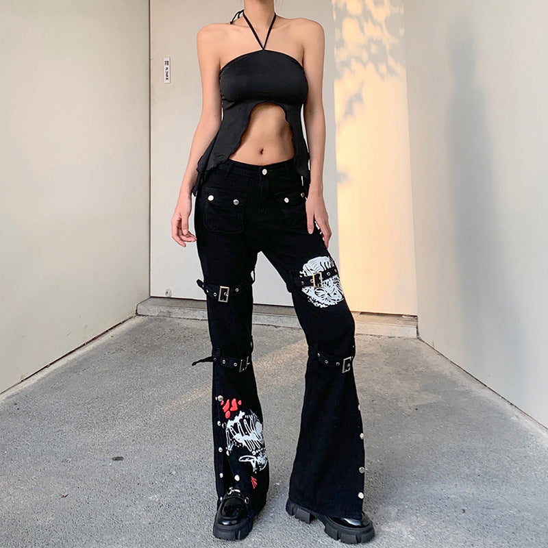 Metal buckle contrasting print high waisted workwear jeans for women