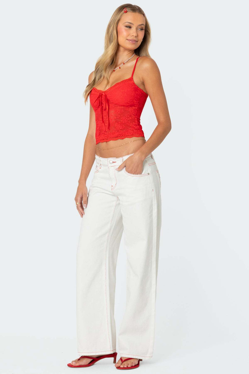 Denim bow strawberry patch straight leg low waist loose jeans