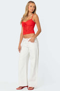 Denim bow strawberry patch straight leg low waist loose jeans