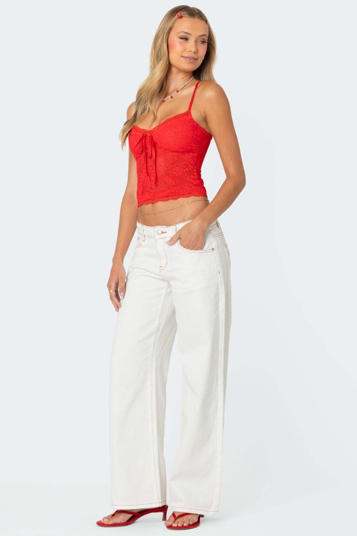 Denim bow strawberry patch straight leg low waist loose jeans