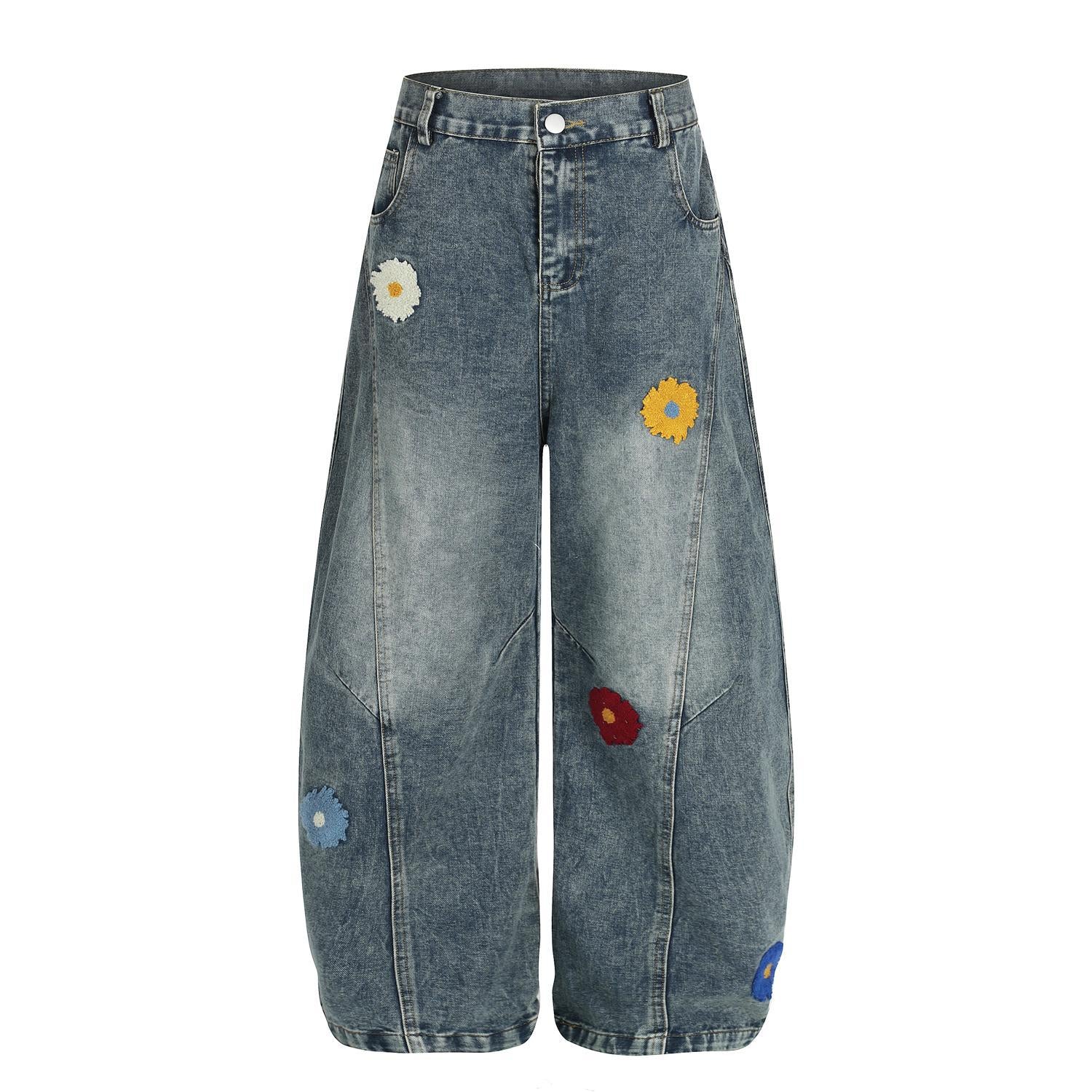 Flower embroidery washed curved knife workwear jeans