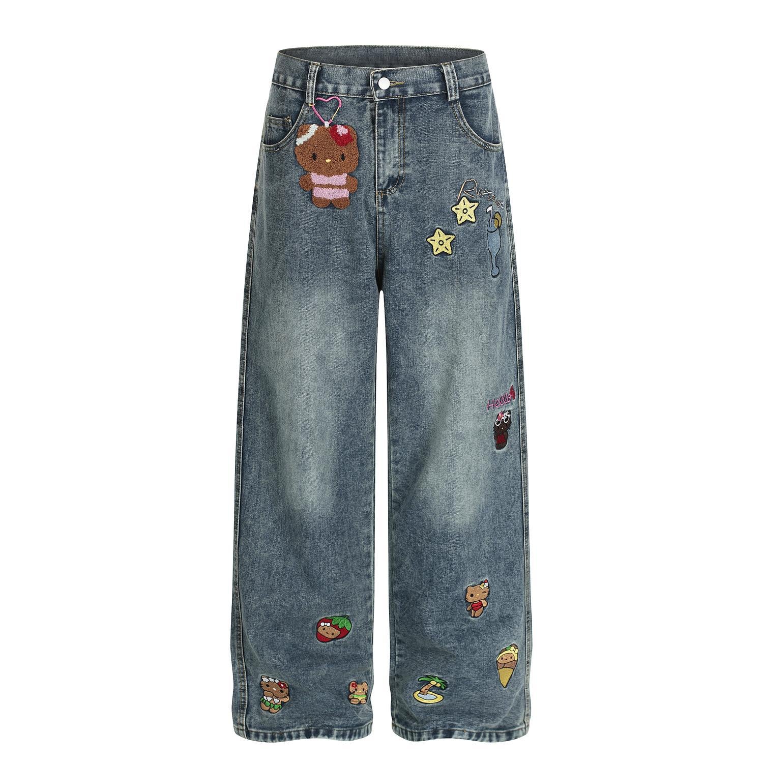 Black leather Kitty cat embroidered vintage jeans