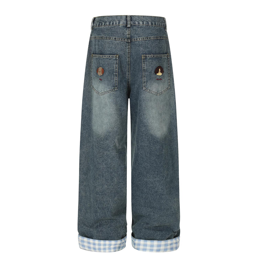Washed vintage puppy embroidered lazy jeans