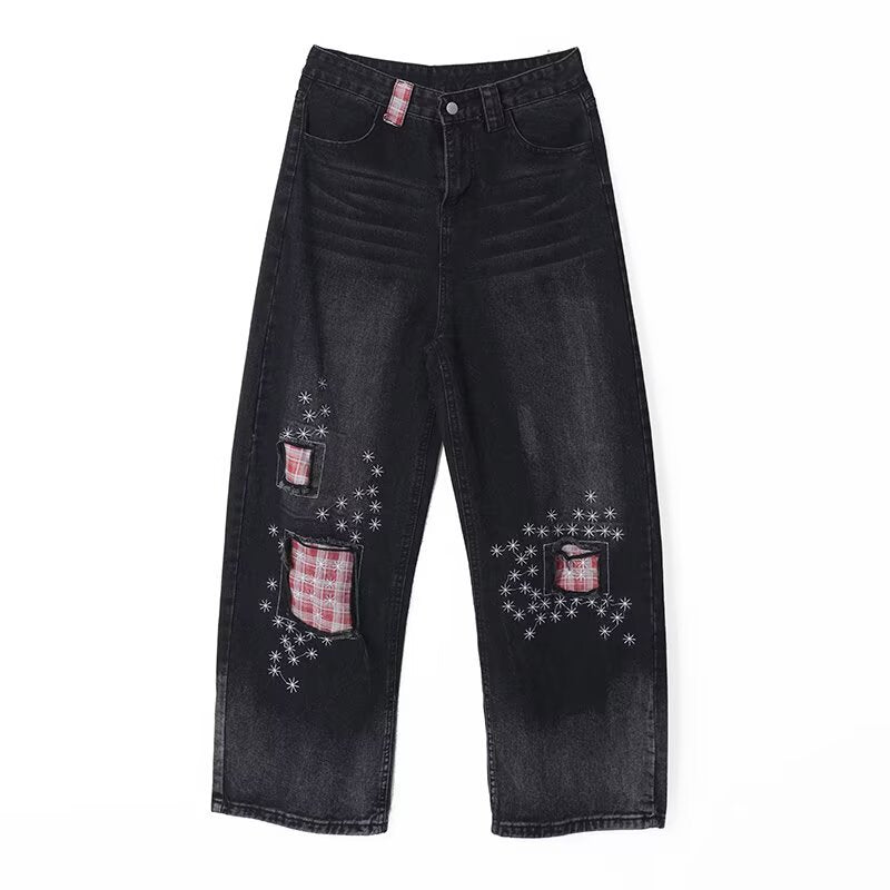 Vintage distressed patch embroidered jeans