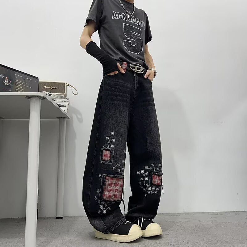 Vintage distressed patch embroidered jeans