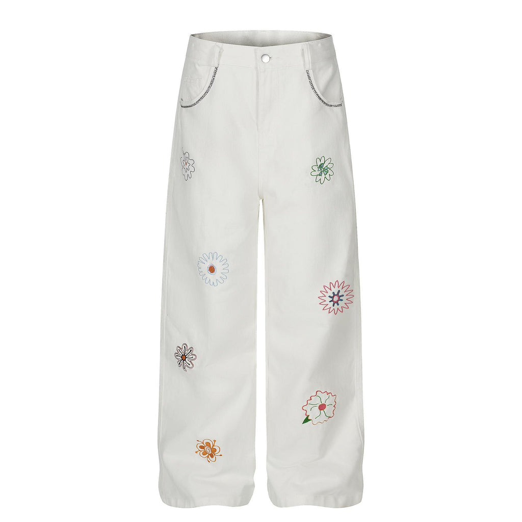 Embroidered sun flower straight tube slimming jeans