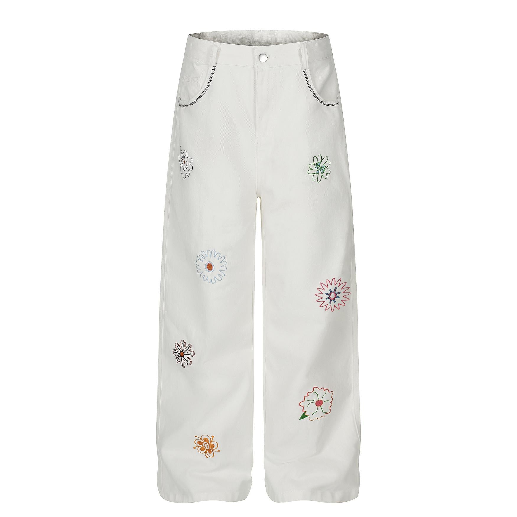 Embroidered sun flower straight tube slimming jeans