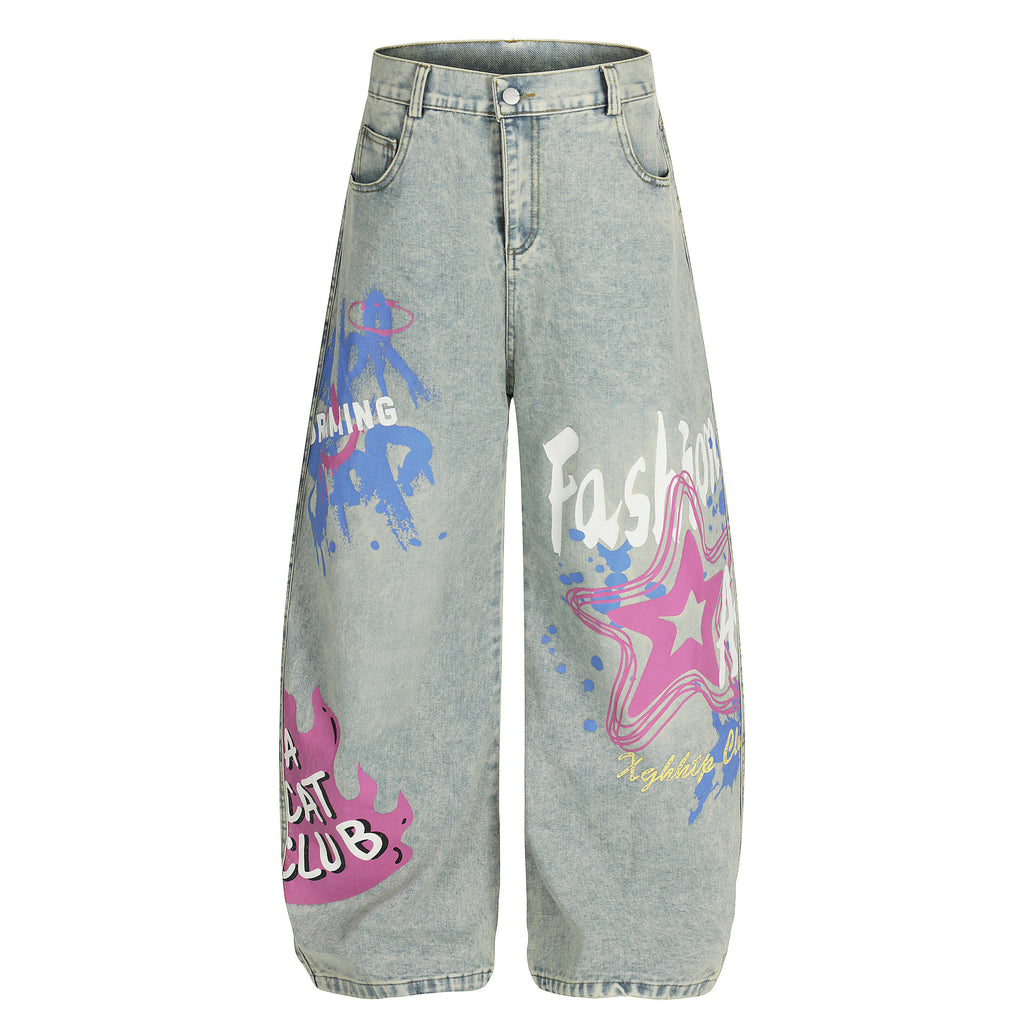 Casual Letter Print Straight Cut Jeans Denim Pants