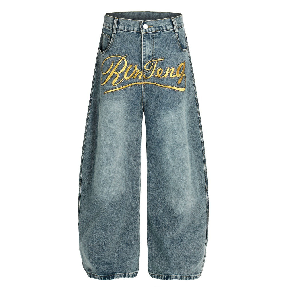 Hot stamping letter embroidery curved knife jeans