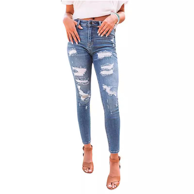 High waisted ripped elastic small leg jeans for women