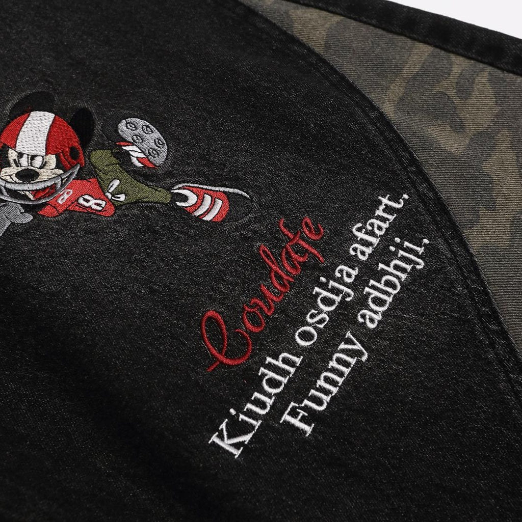 Retro cartoon embroidered patchwork jeans