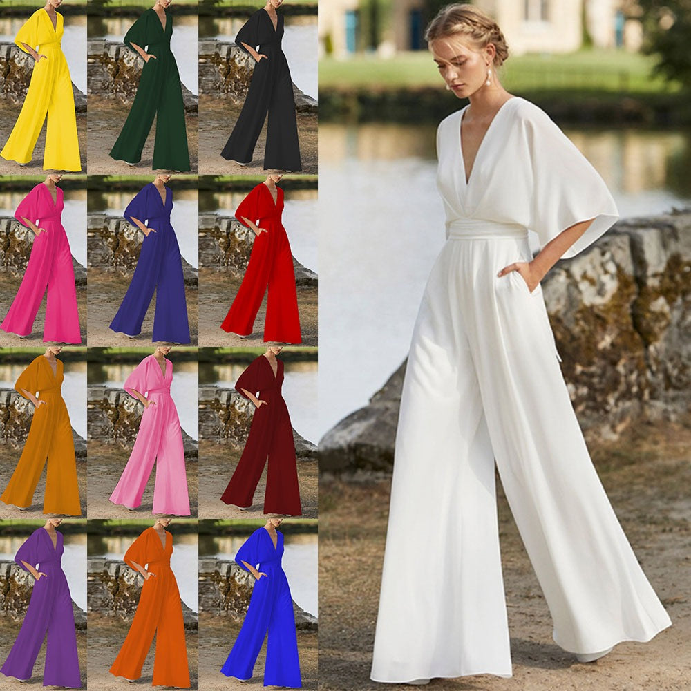 Jumpsuit deep V-high waist wide leg long pants women's dress