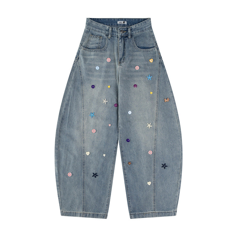 Deconstructing colored button bending knife denim jeans washed with water