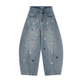 Deconstructing colored button bending knife denim jeans washed with water