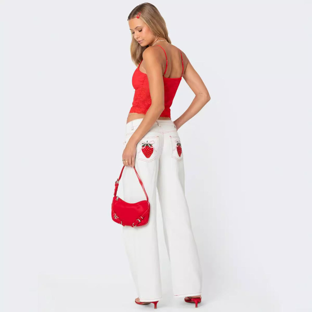 Denim bow strawberry patch straight leg low waist loose jeans
