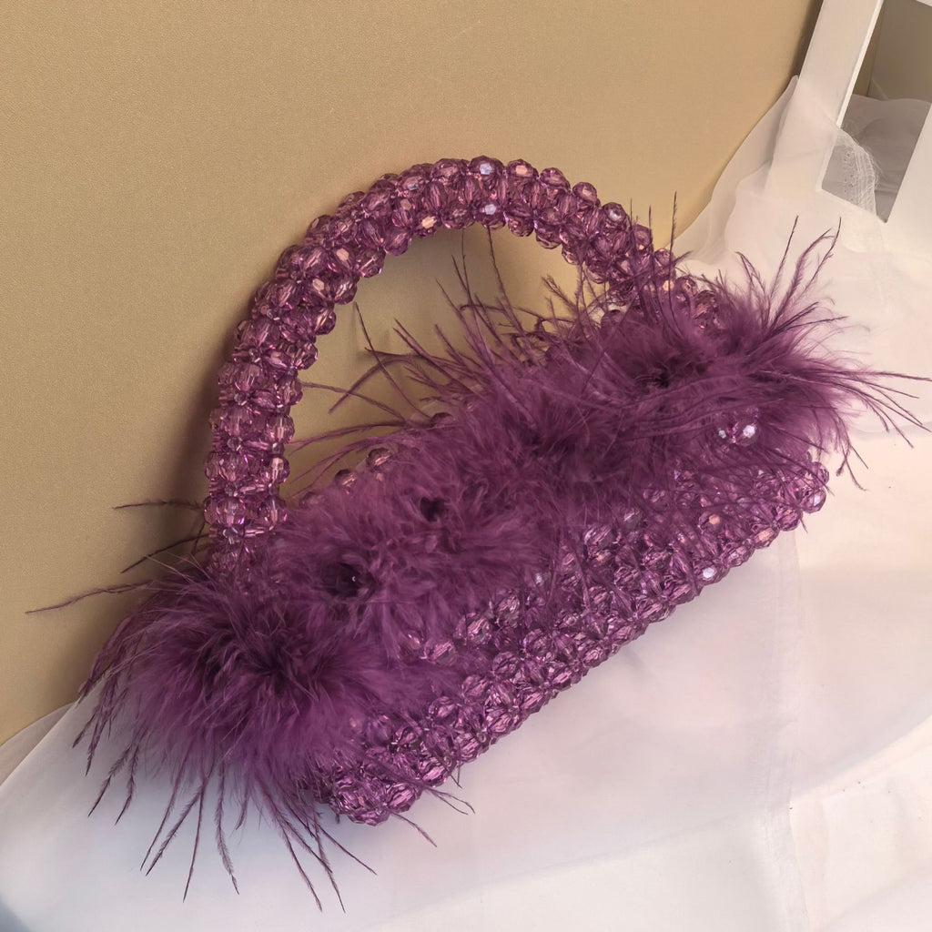 Pearl bead bag with Ostrich feather fur designer brand Clear Acrylic crystal stone box tote handbag women handmade party purse