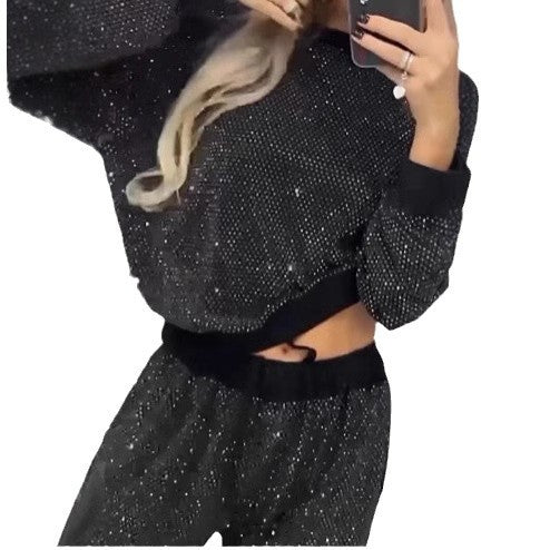 Style Autumn Winter Women's Starry Sky Long Sleeve Round Neck Loose Top with Drawstring Wide Leg Two-Piece Set